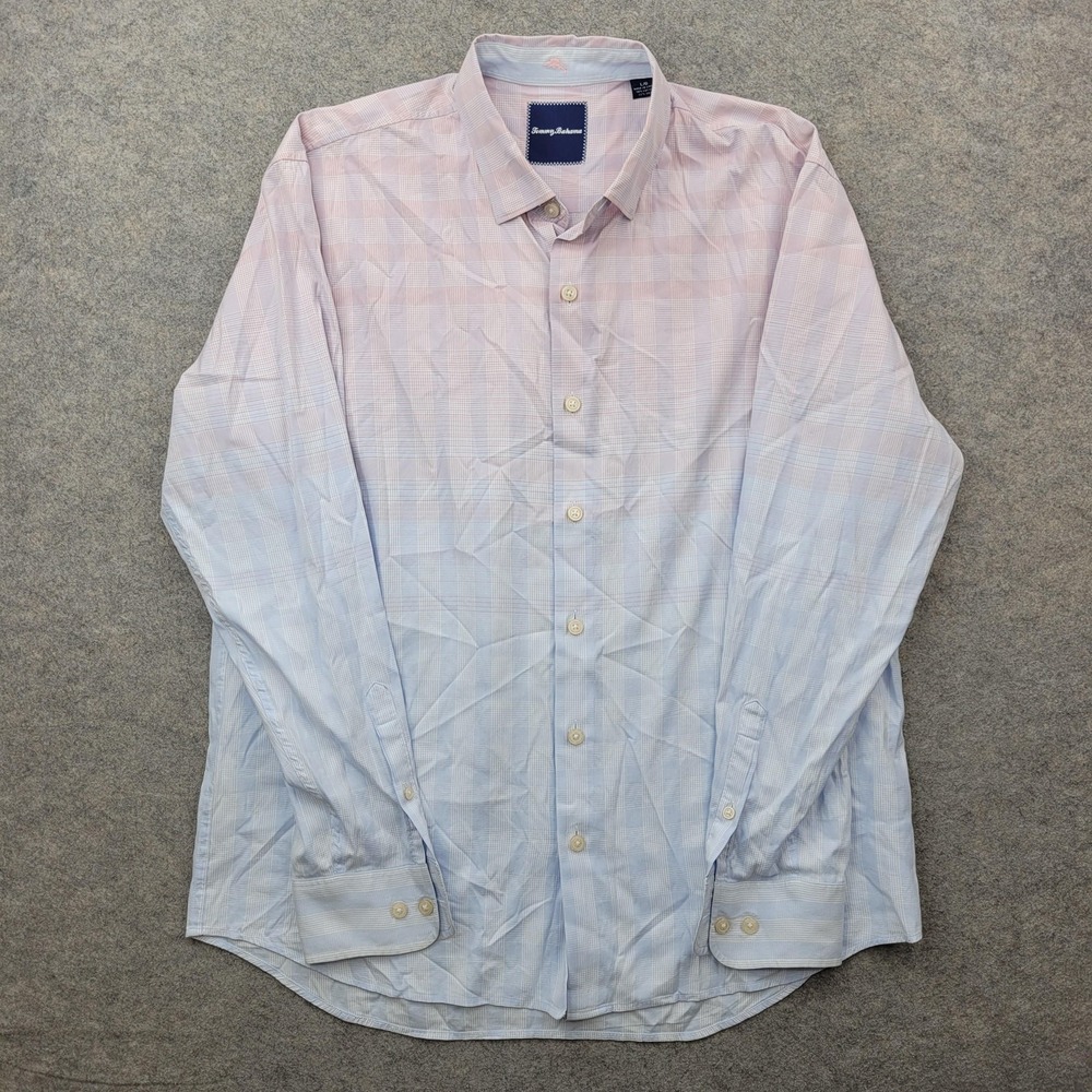Tommy Bahama Shirt Mens Large Pink Plaid Cotton Silk Button Front Long Sleeve‎